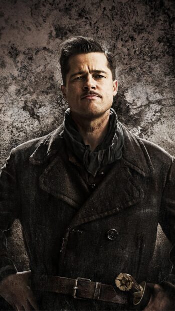 Brad Pitt wearing a dark coat and scarf in a vintage style setting