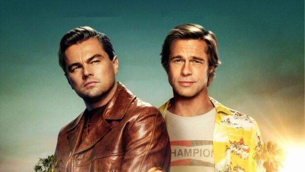 Brad Pitt character portrait in a classic leather jacket and casual shirt on a sunset background