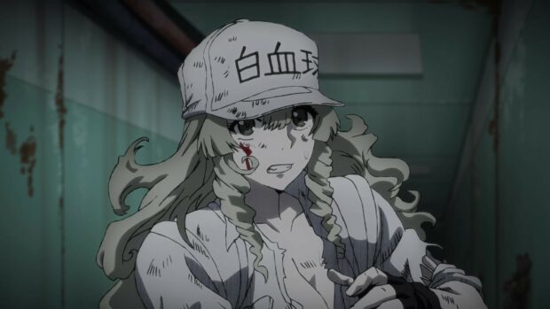 A determined female character with long hair and a cap appears in a dark corridor in Cells At Work Code Black, HD Desktop Wallpaper