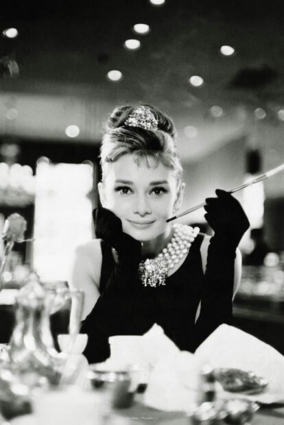 Classic Breakfast At Tiffanys featuring elegant woman with pearl necklace and tiara