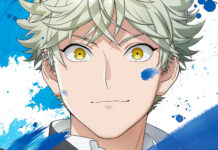 Anime character with spiky blond hair and yellow eyes amidst blue paint splashes.