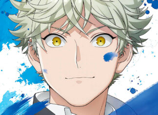 Anime character with spiky blond hair and yellow eyes amidst blue paint splashes.