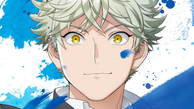 A smiling anime character with yellow eyes and blue paint on his face represents Blue Period, HD Desktop Wallpaper