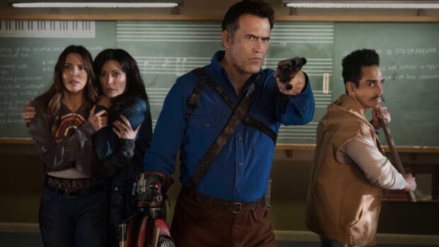 Bruce Campbell wallpapers shows a tense confrontation in a classroom setting, HD Desktop Wallpaper