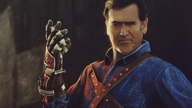 Bruce Campbell wallpapers featuring a man with a mechanical glove and determined expression, HD Desktop Wallpaper