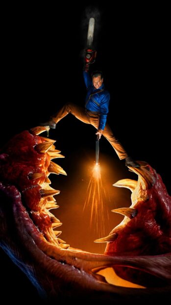 Bruce Campbell wallpapers shows a man battling a giant red monster with a chainsaw and shotgun, HD Phone Wallpaper