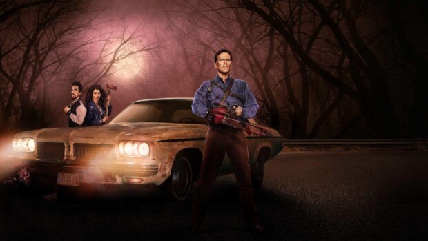 Bruce Campbell Wallpapers showing him with a chainsaw and two other characters near a car under moonlight, HD Desktop Wallpaper