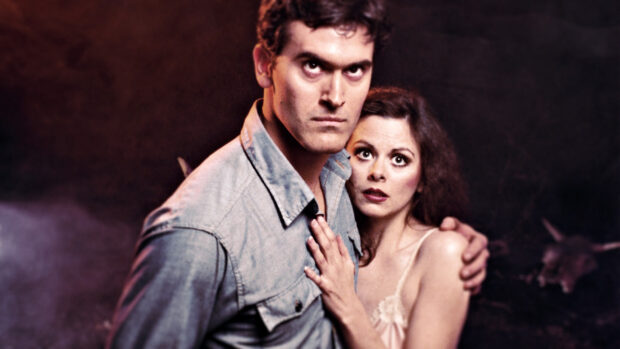Bruce Campbell wallpapers show a man holding a woman closely with intense expressions, HD Desktop Wallpaper