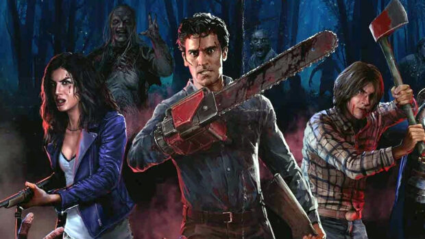 Bruce Campbell wallpapers showing him holding a chainsaw and surrounded by allies in a dark forest, HD Desktop Wallpaper
