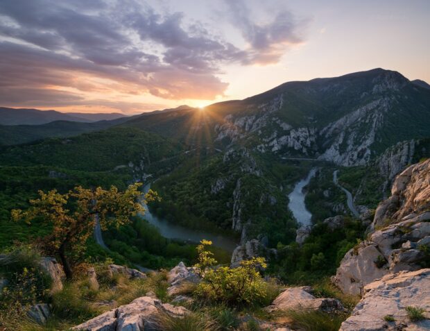 The Bulgaria Wallpapers show a stunning river winding through mountains at sunset, HD Desktop Wallpaper