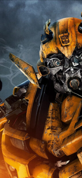 Close up of Bumblebee Transformers showing detailed robot face and yellow armor