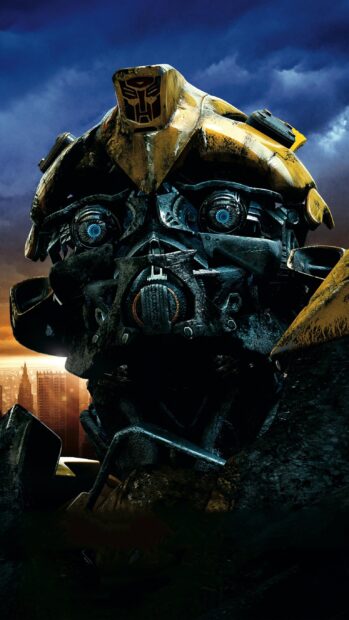 Close up of Bumblebee Transformers robot face with detailed mechanical parts