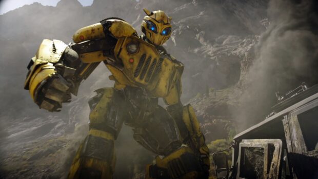 Bumblebee robot from Transformers standing in a smoky rocky background