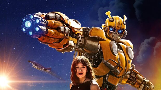 A detailed Bumblebee robot with a woman standing in front of a starry sky and fighter jet
