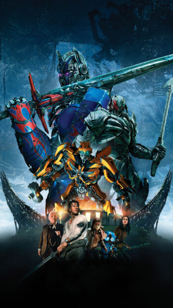 Bumblebee and other Transformers characters standing together in a dramatic battle scene