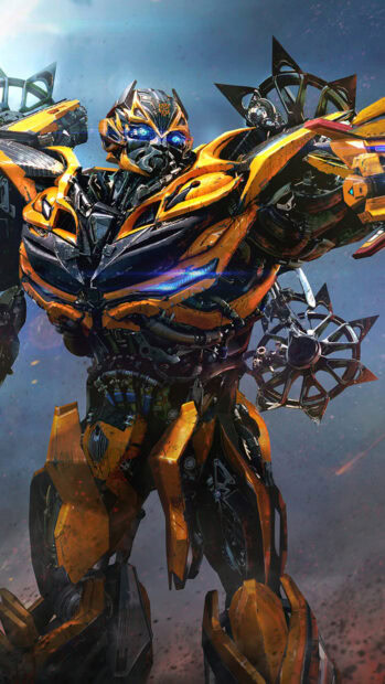 Bumblebee robot from Transformers stands ready for battle with detailed armor and glowing blue eyes