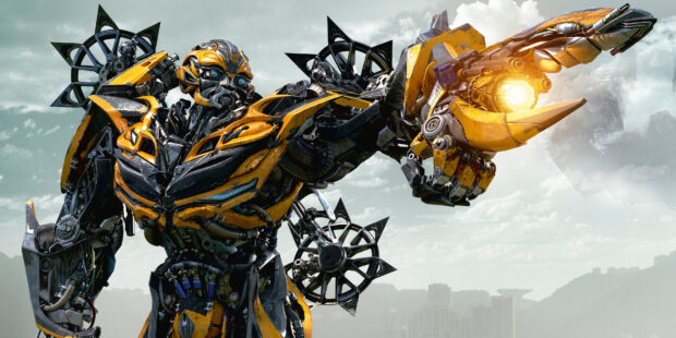 Bumblebee robot from Transformers is shown in a dynamic pose with mechanical details and city background