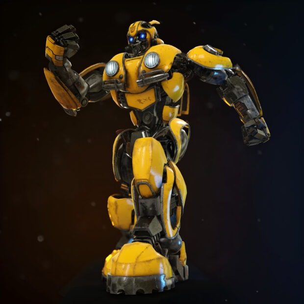 Bumblebee robot standing in a dynamic pose with blue glowing eyes and yellow armor