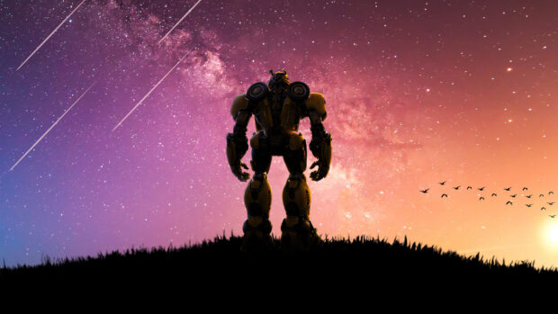 Bumblebee stands on a hill under a starry purple and orange sky with flying birds