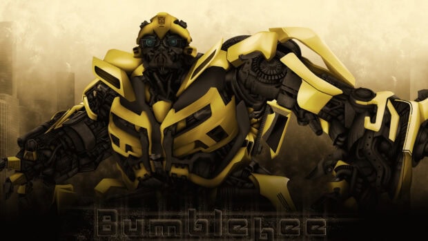 A detailed and high quality 3D render of the Bumblebee robot character with a city backdrop