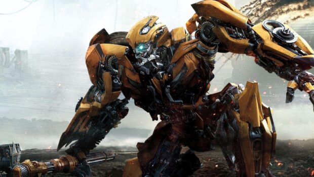 A detailed close up of the yellow Bumblebee robot in a battle ready stance with a smoky background