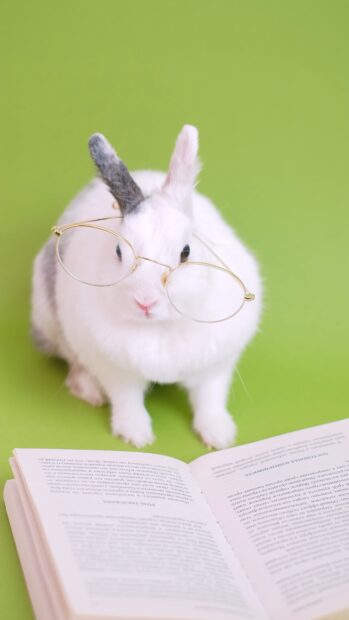 Cute bunny wearing glasses sitting behind an open book on a green surface