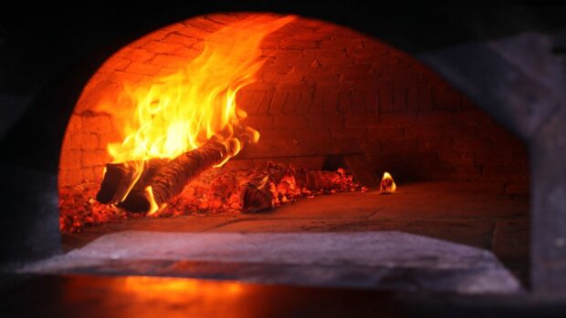 A close up view of burning wood and glowing embers in a fireplace, HD Desktop Wallpaper