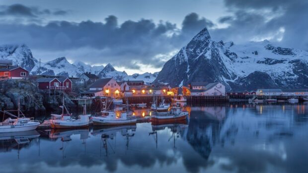 A calm harbor scene reflects snowy mountains and boats on the water in scenery wallpapers, HD Desktop Wallpaper