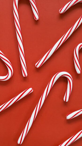 Several candy cane sticks with red and white stripes on a red background