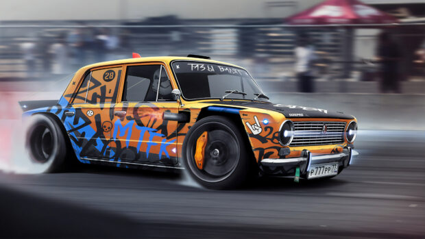 A vintage car race featuring a graffiti styled car drifting on the track with motion blur effects