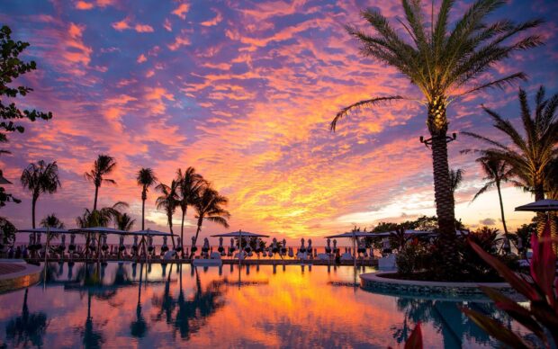 A sunset view in Cayman Islands with palm trees reflected in a calm pool under a vibrant sky