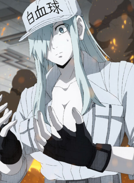 A character from Cells At Work Code Black shows concern in a fiery scene, 2K Mobile Wallpaper