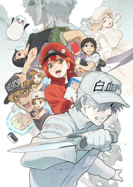 The Cells At Work Code Black wallpaper features diverse anime characters engaged in dynamic poses, HD Mobile Wallpaper