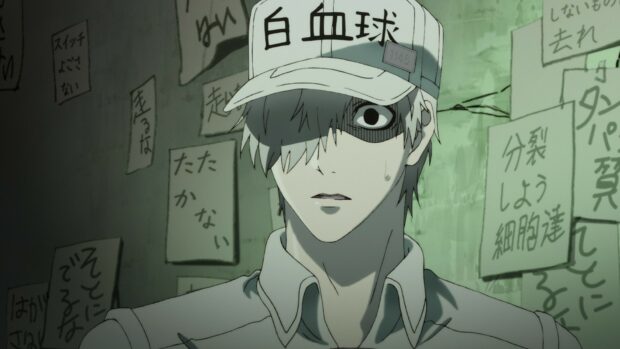 A close up of a Cells At Work Code Black character with a serious expression in a dim room, HD Desktop Wallpaper