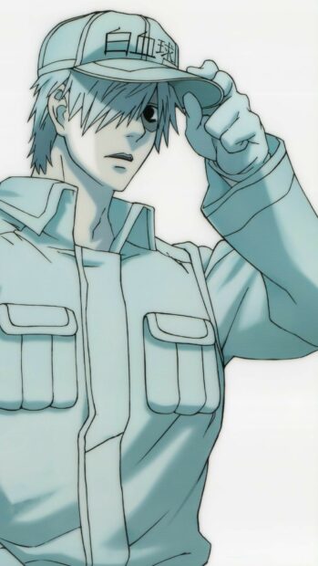 A Cells At Work Code Black character adjusting his cap with a serious expression, HD Mobile Wallpaper