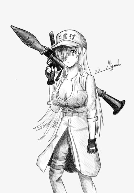 A detailed pencil drawing of a female character from Cells At Work Code Black holding a weapon, HD Mobile Wallpaper