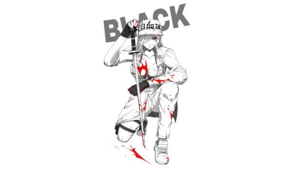 A fierce Cells At Work Code Black character kneeling with a bloodied sword in hand, 4K Desktop Wallpaper