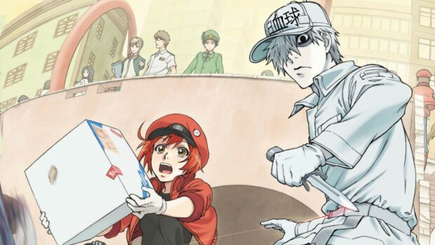 The Cells At Work Code Black characters are depicted in a dynamic and intense scene, HD Desktop Wallpaper