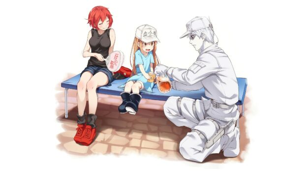 Three characters from Cells At Work Code Black relaxing on a bench with friendly interaction, 4K Desktop Wallpaper