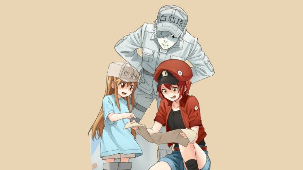 Three Cells At Work Code Black characters are looking at a map with smiles on a plain background, HD Desktop Wallpaper