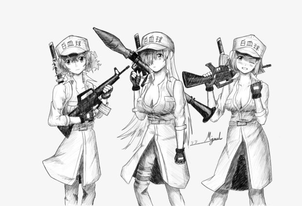 Three cells from Cells At Work Code Black hold weapons in a black and white sketch, HD Desktop Wallpaper