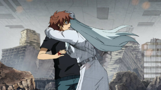 A character with brown hair is hugged by a white haired figure amidst ruined buildings, HD Desktop Wallpaper