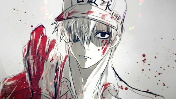 A serious Cells At Work Code Black character with blood splatters on his face and gloves, 4K Desktop Wallpaper