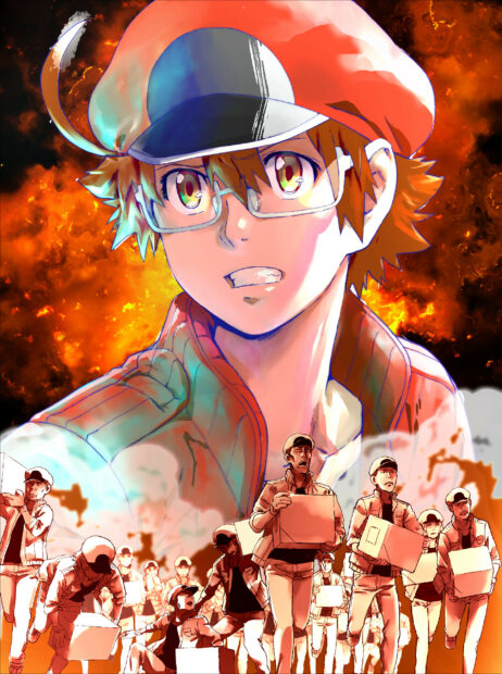 The image features a close up of a determined character from Cells At Work Code Black with workers in action below, 2K PC Wallpaper