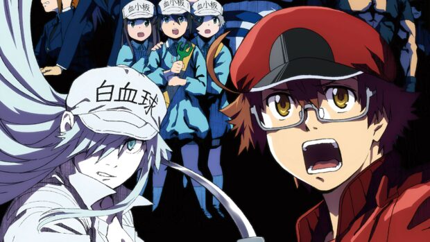 The Cells At Work Code Black characters prepare for battle in a dark setting, 4K Desktop Wallpaper