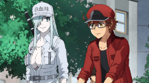 The image shows two main characters from Cells At Work Code Black standing outdoors, HD Desktop Wallpaper
