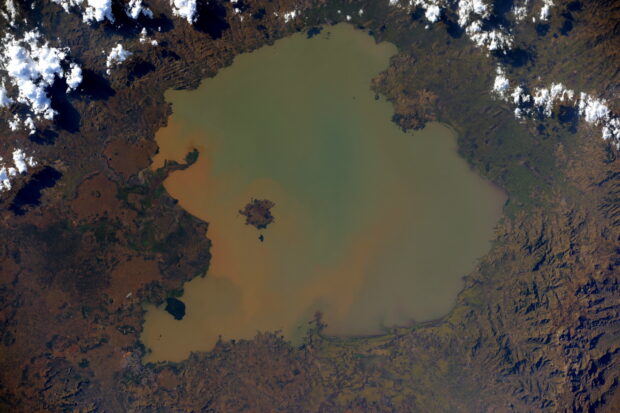 Chamo Lake seen from above in Ethiopia with surrounding landscape and clouds, 2K Desktop Wallpaper