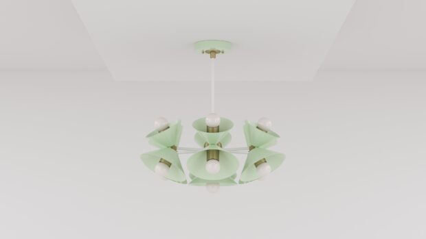 Modern chandelier with green shades hanging from the ceiling in a minimalistic room