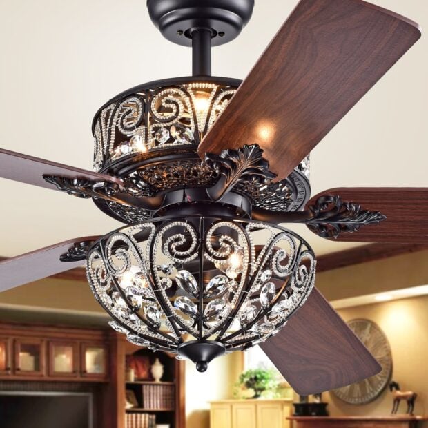 Elegant chandelier ceiling fan with decorative crystals and wooden blades