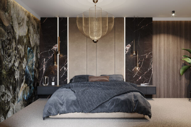 Elegant chandelier lighting above a modern bed in a stylish bedroom interior design